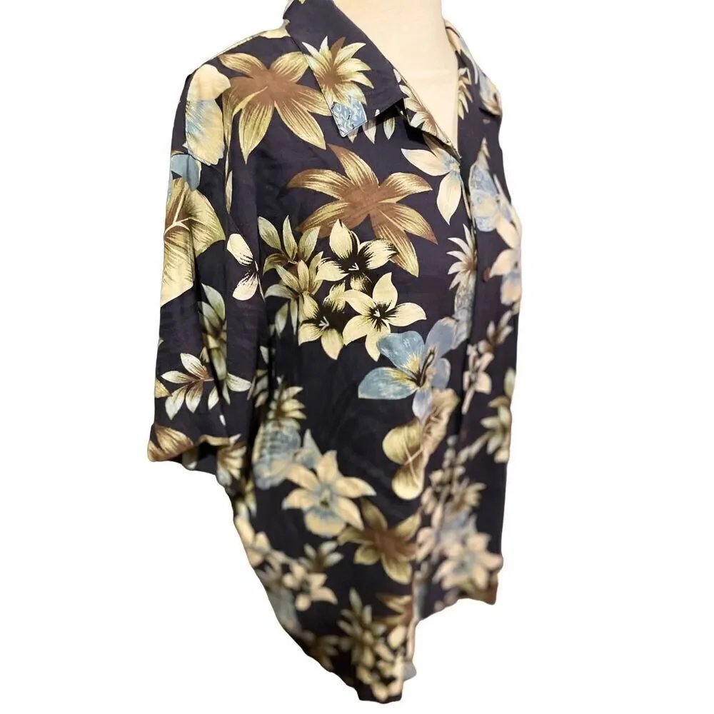 Tasso Elba Men's Button Down Shirt Collared Floral 100% Silk Navy Blue XL
